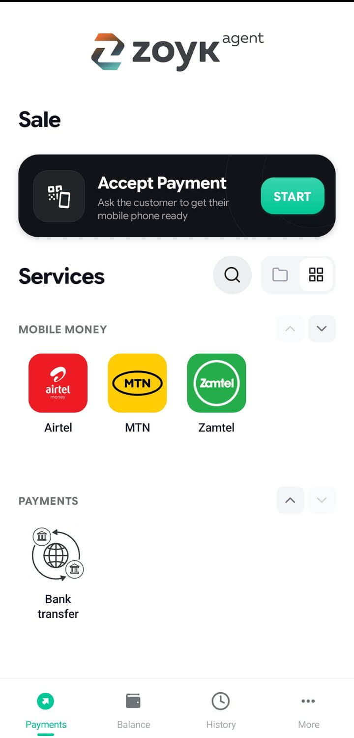 zoyk app — home screen with Airtel, MTN, Zamtel