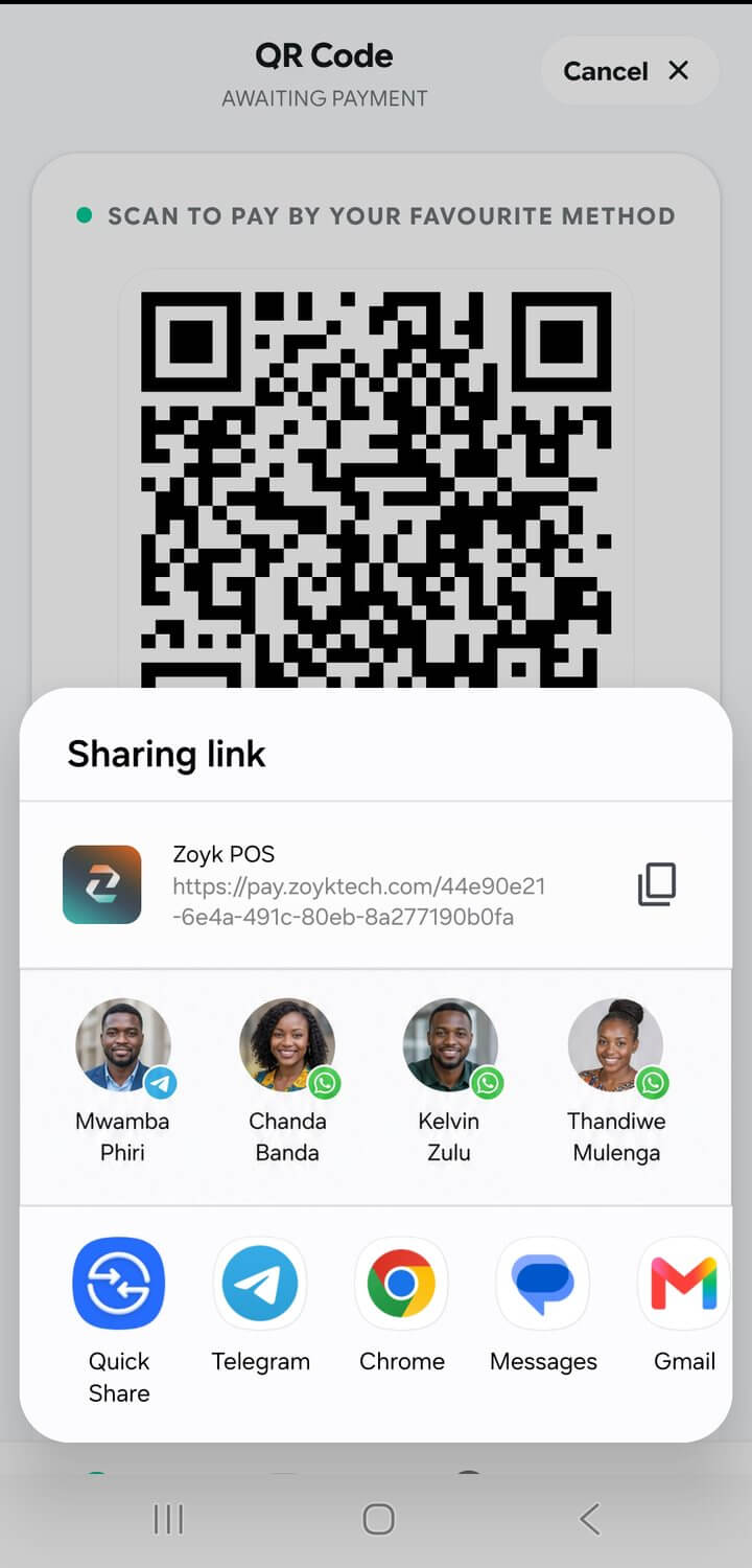 zoyk app — share a payment link
