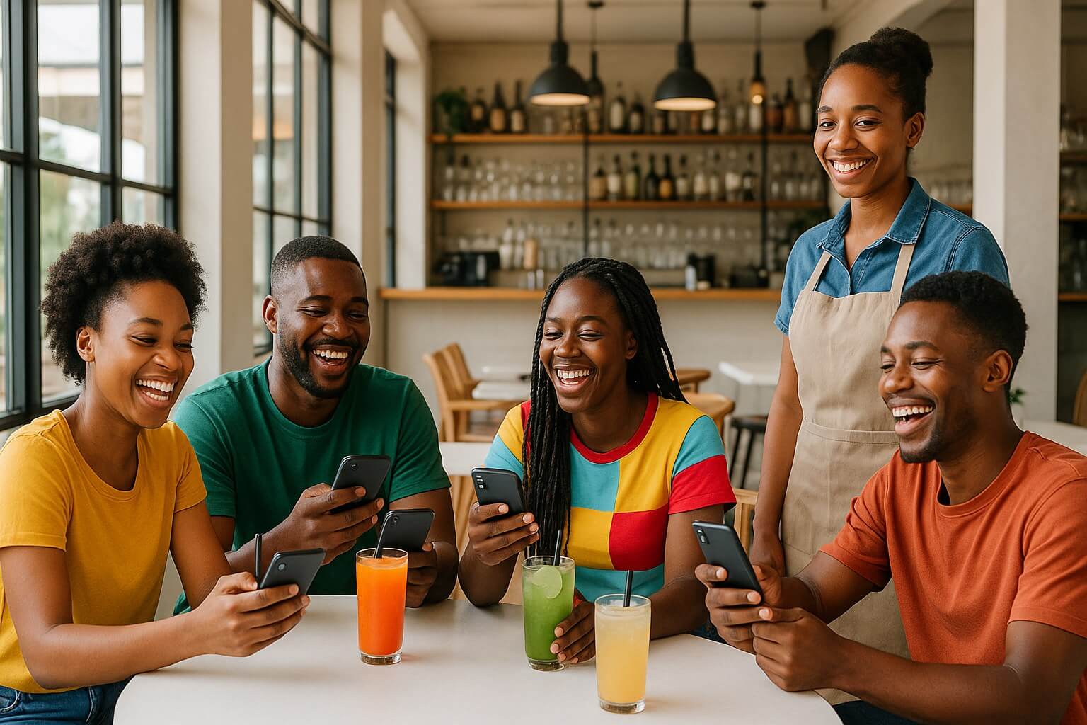 Friends at one table each pay from their own phones while the waitress stands by