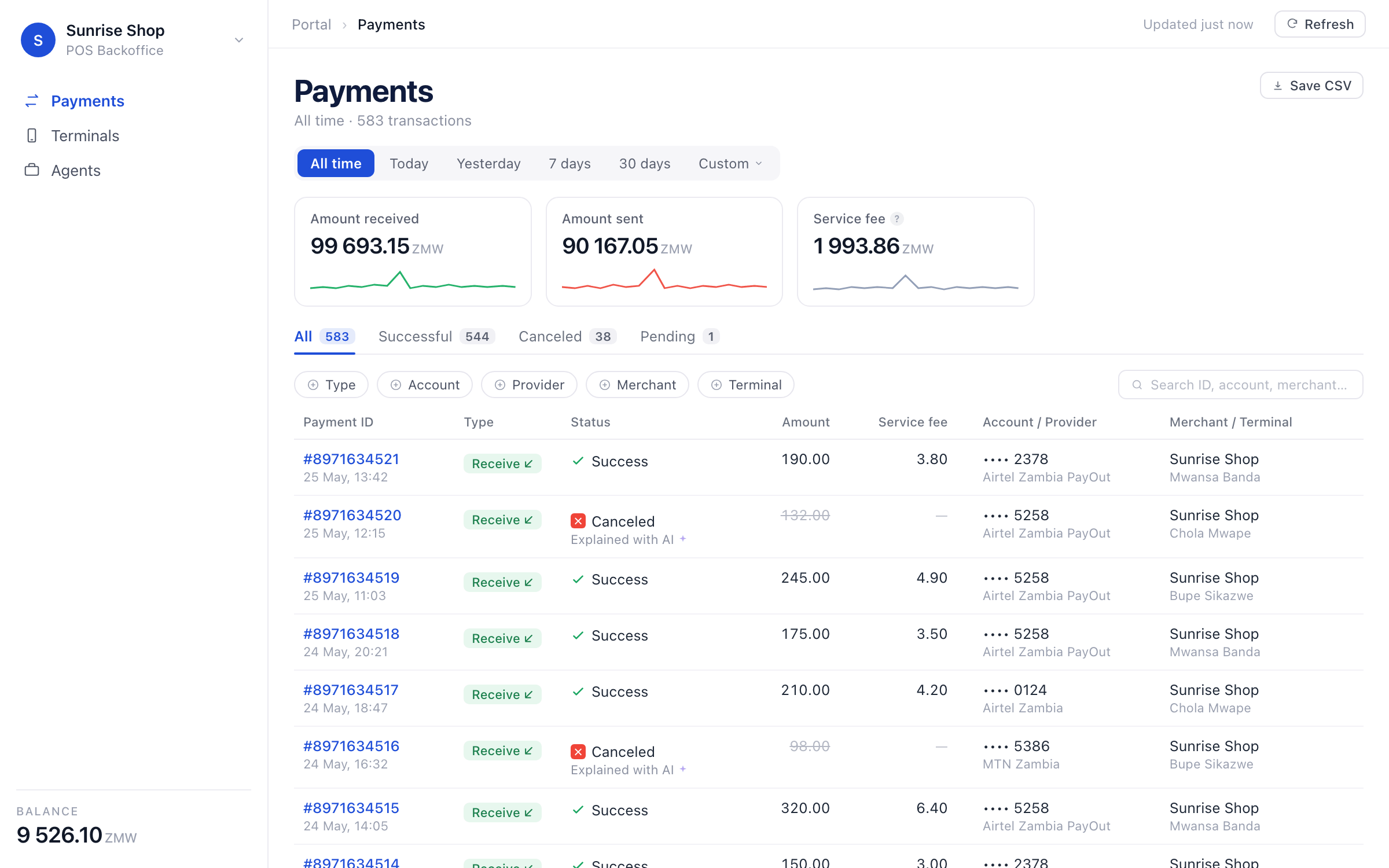 zoyk dashboard — payments, totals and reports