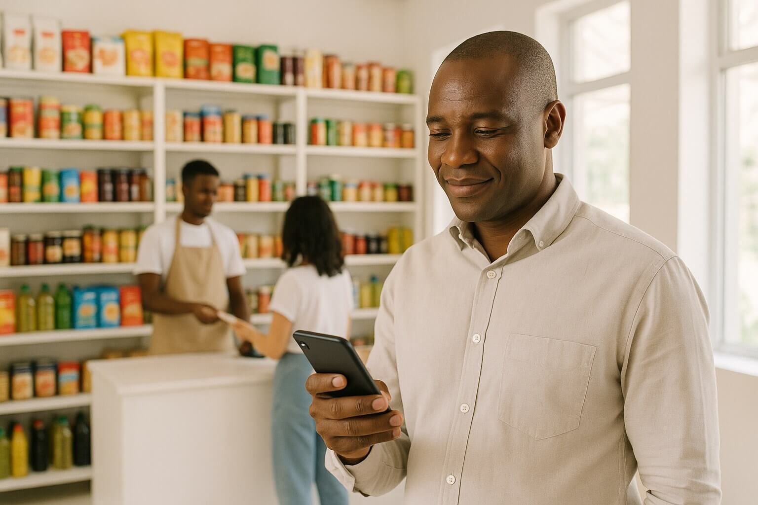 The shop owner checks a payment on his phone while his cashier serves a customer